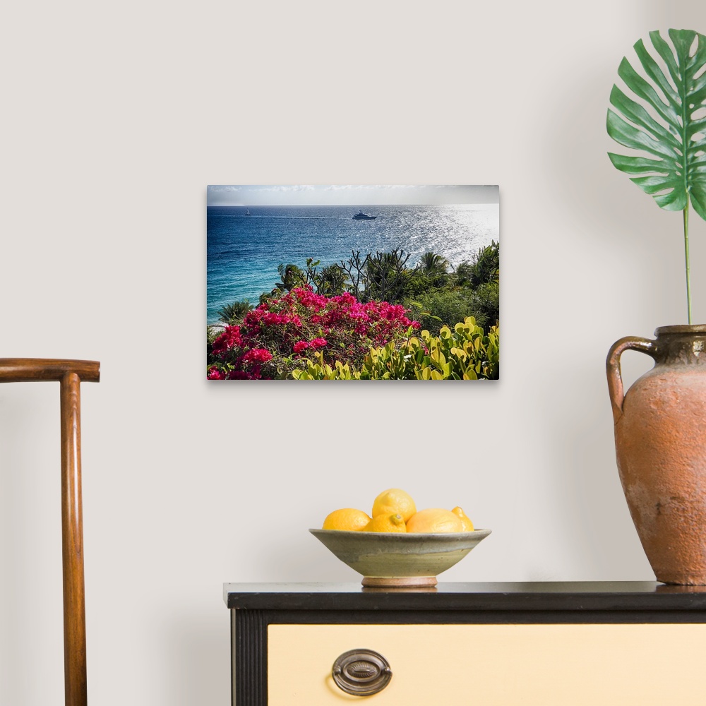 A traditional room featuring A photograph of a seascape from a viewpoint with flowers in the foreground.