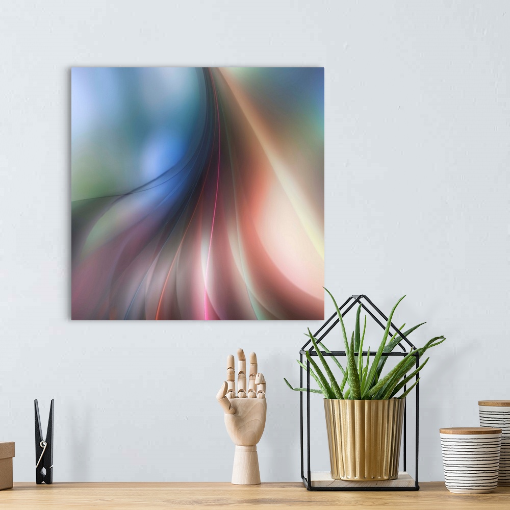A bohemian room featuring Abstract art of blurred, wavy, colorful lines from a single gathering point at the top, draping d...