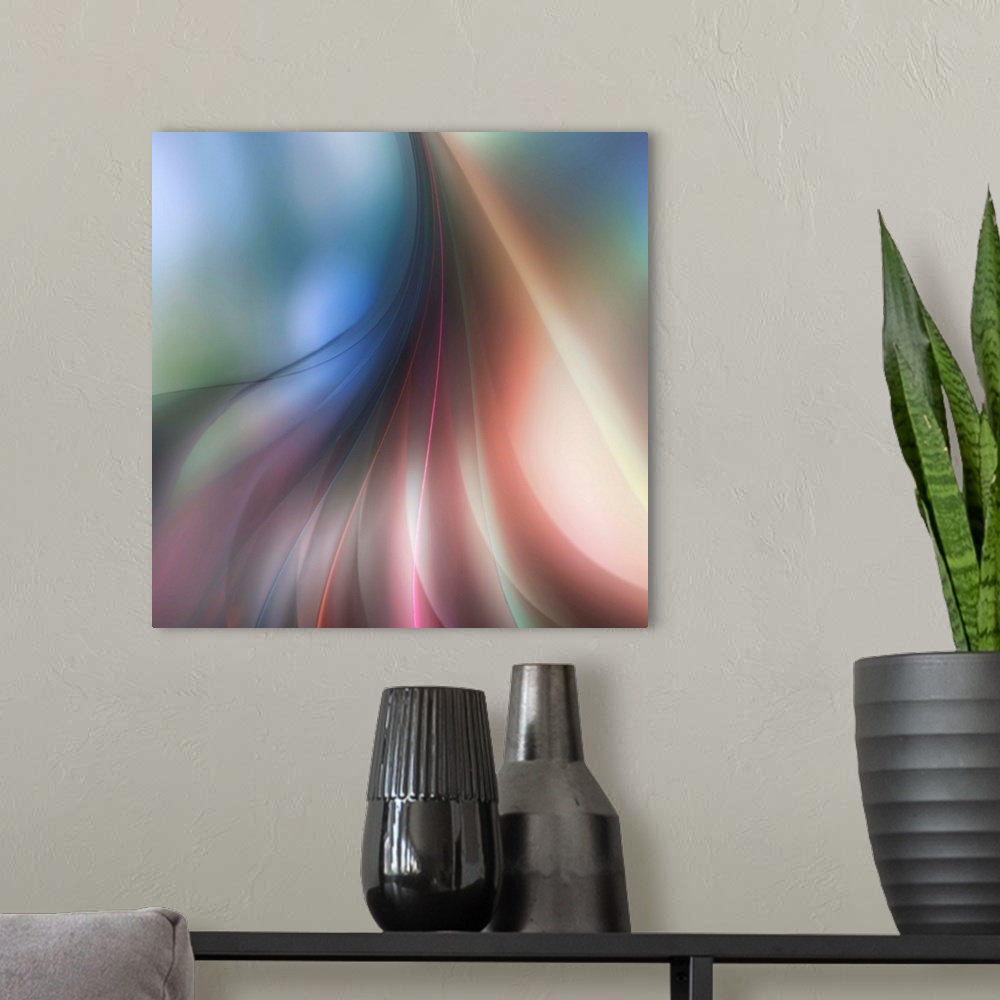 A modern room featuring Abstract art of blurred, wavy, colorful lines from a single gathering point at the top, draping d...