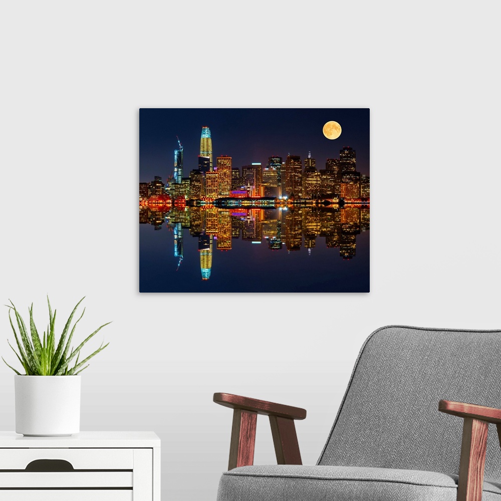 A modern room featuring Photograph of the city skyline of San Francisco reflecting in the Bay at night.