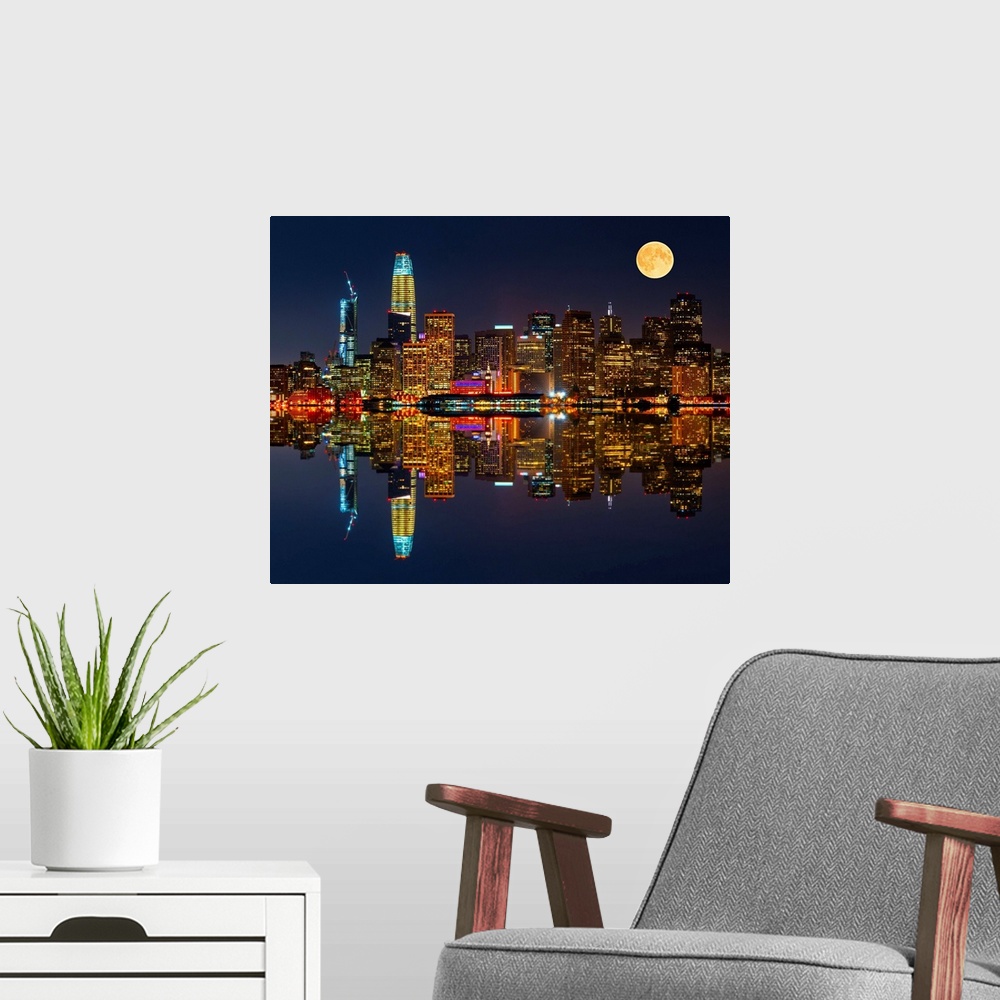 A modern room featuring Photograph of the city skyline of San Francisco reflecting in the Bay at night.