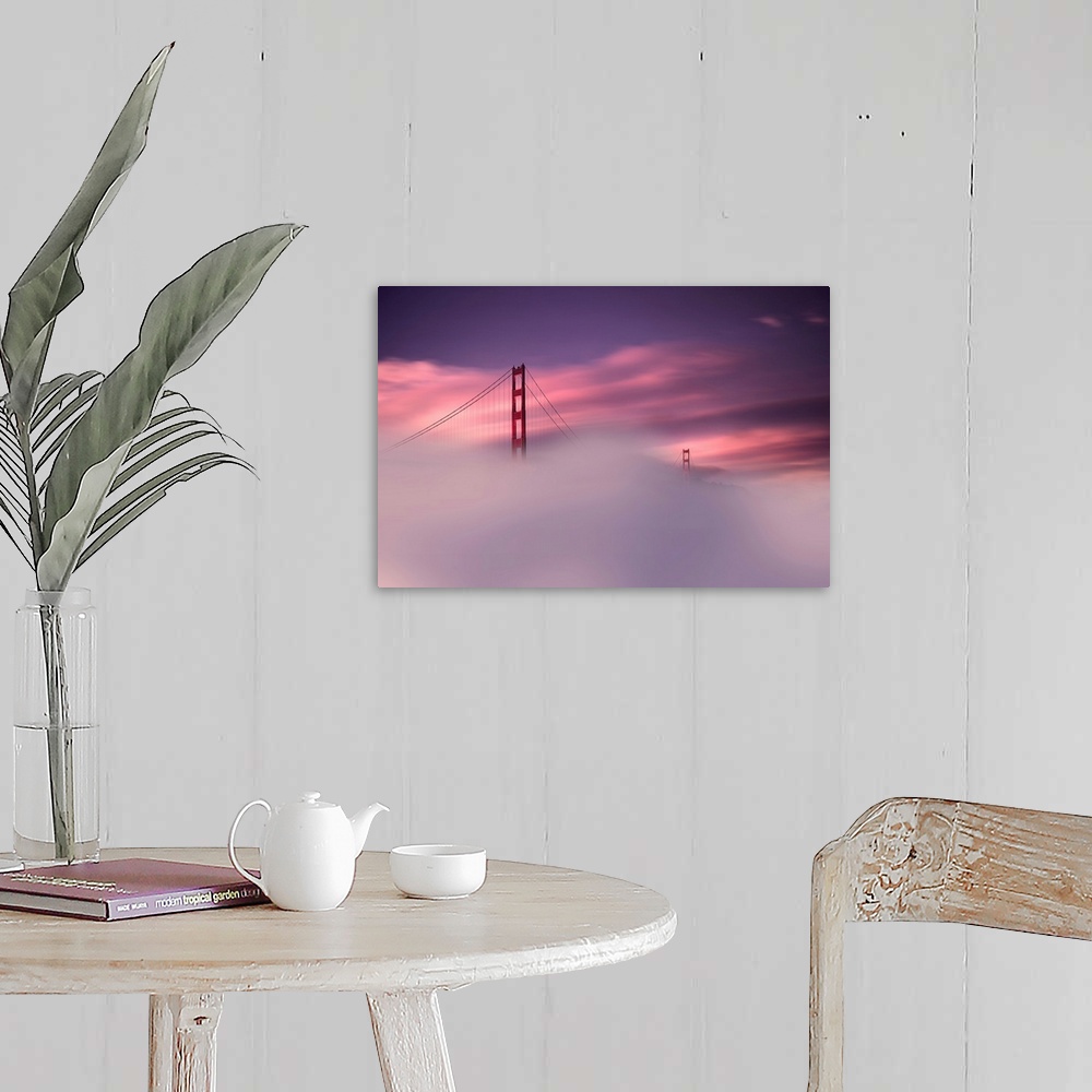 A farmhouse room featuring A sunset obscured by dense fog and the Golden Gate Bridge rising out of the mist in this landscap...