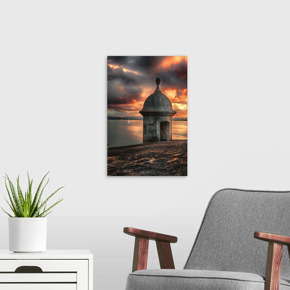 A modern room featuring Sentry Post on the City Wall Overlooking a Bay at Sunset, Old San Juan, Puerto Rico.