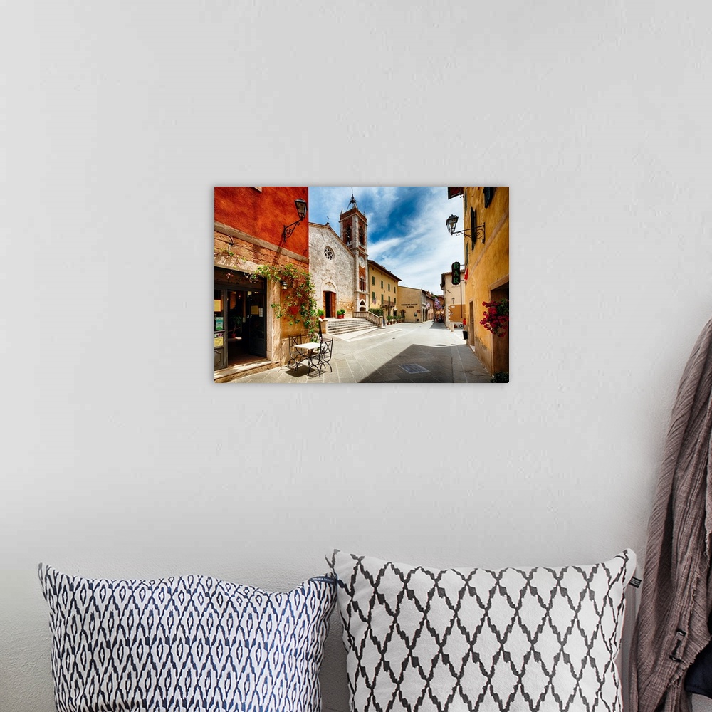 A bohemian room featuring Street with a Catholic Church, San Quirico, Tuscany, Italy.