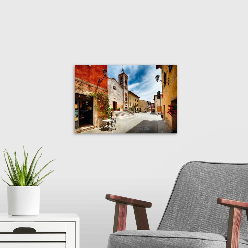 A modern room featuring Street with a Catholic Church, San Quirico, Tuscany, Italy.