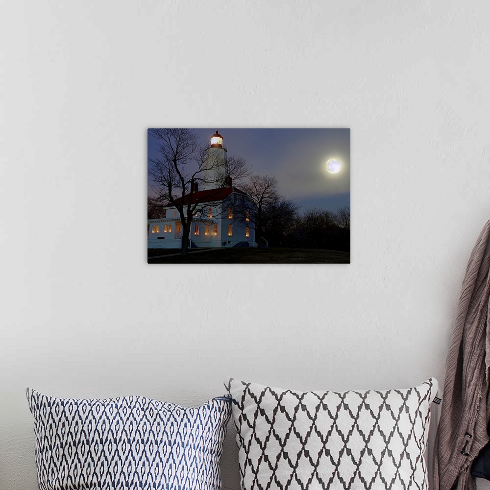 A bohemian room featuring Sandy Hook Lighthouse at Full Winter Moon, New Jersey