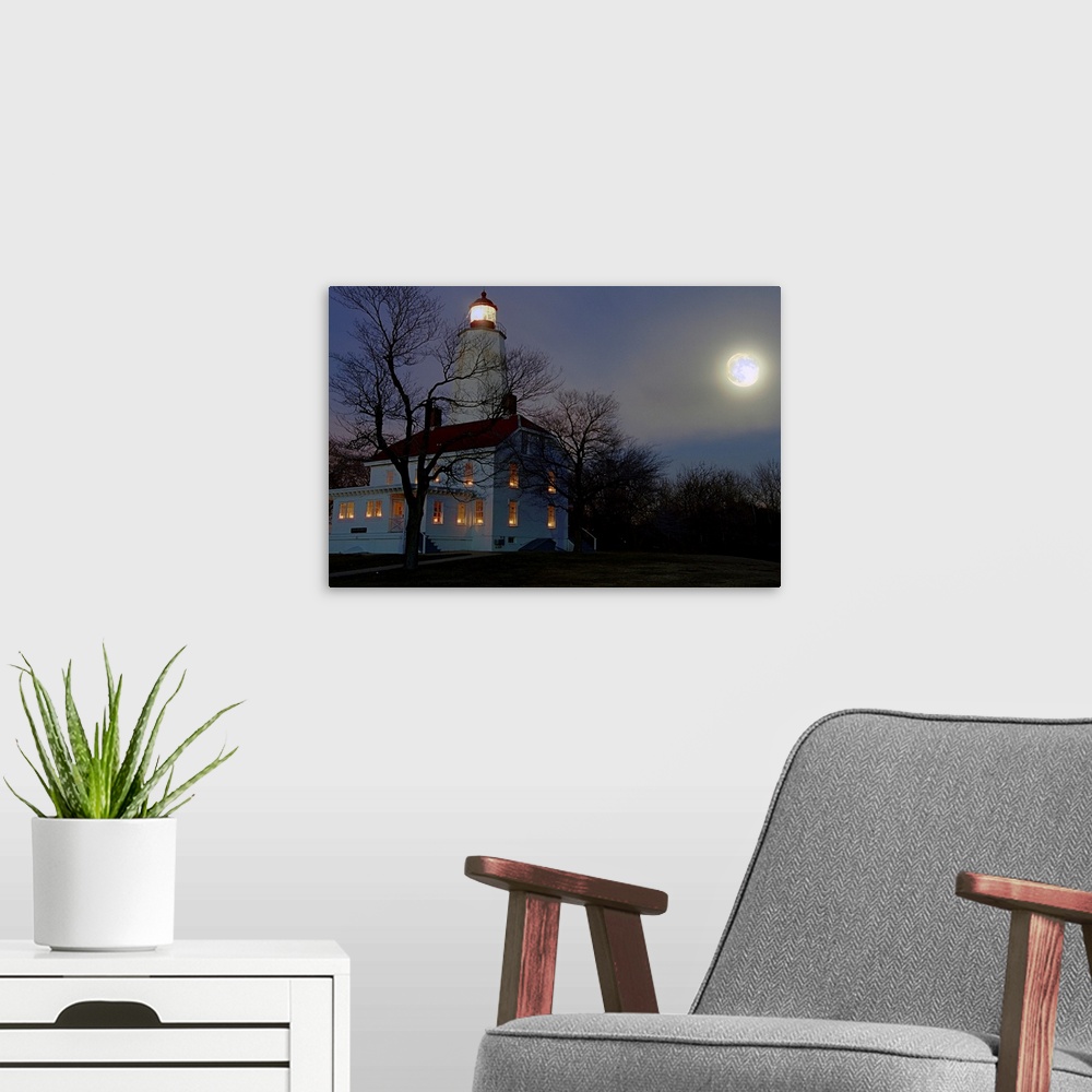 A modern room featuring Sandy Hook Lighthouse at Full Winter Moon, New Jersey