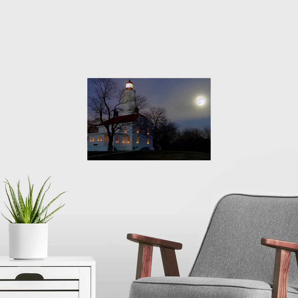 A modern room featuring Sandy Hook Lighthouse at Full Winter Moon, New Jersey