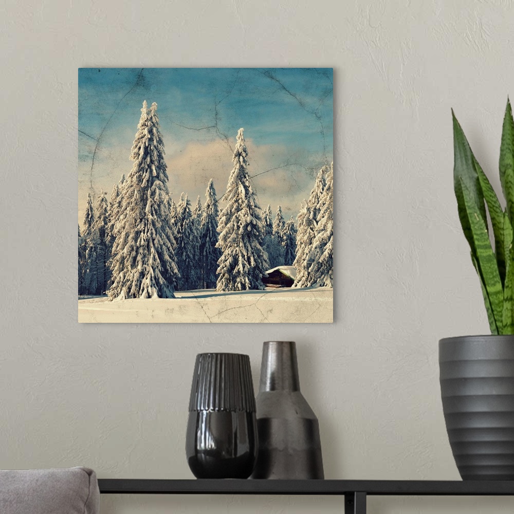 A modern room featuring A chalet surrounded by fir trees under the snow. Finished with a photo texture