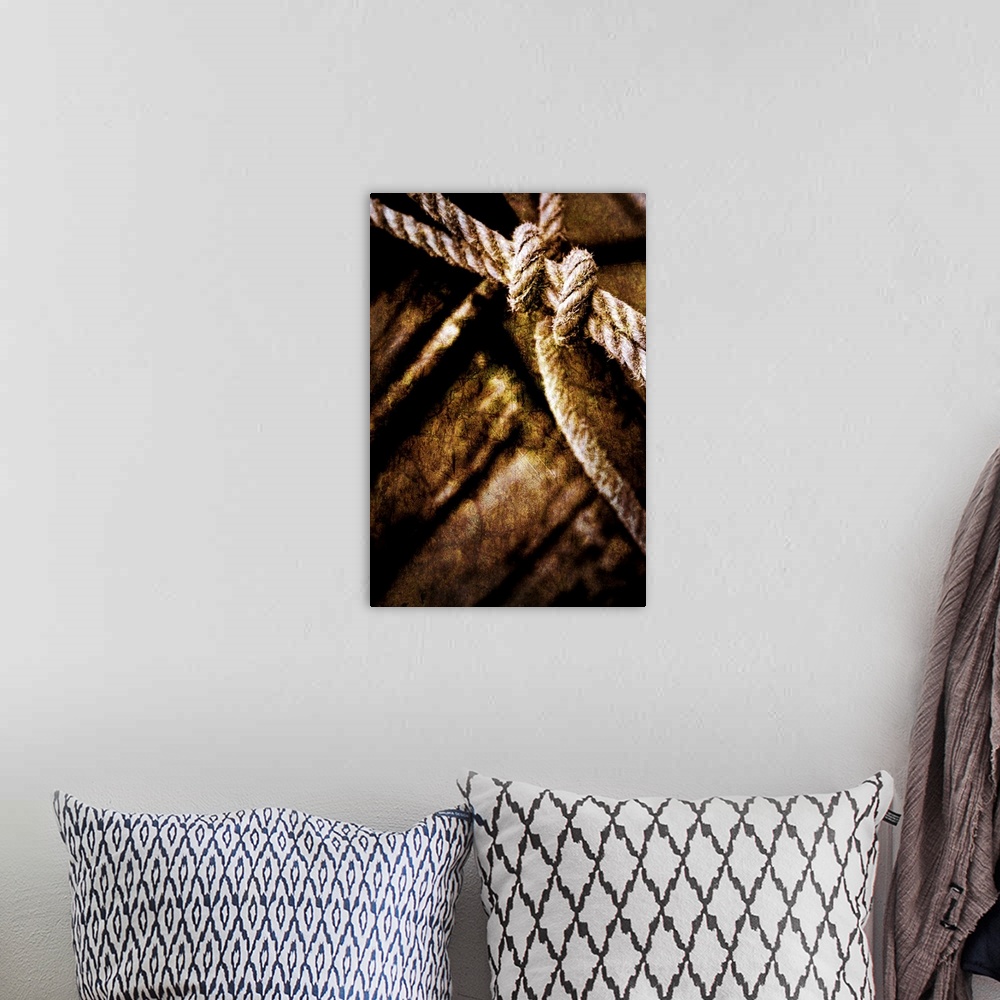 A bohemian room featuring This fine art photograph of a knot tied and out of focus wood planks in the background. This phot...