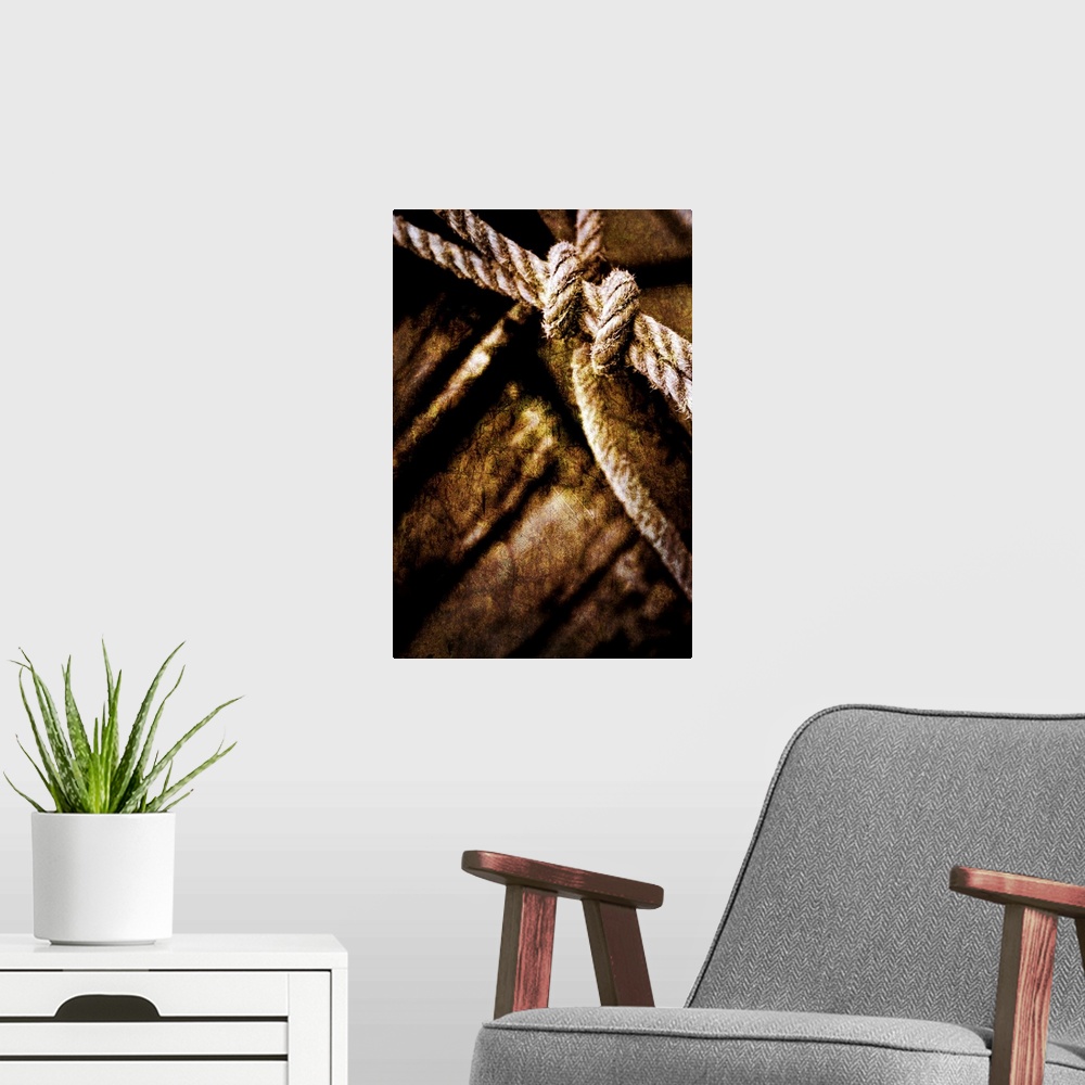 A modern room featuring This fine art photograph of a knot tied and out of focus wood planks in the background. This phot...