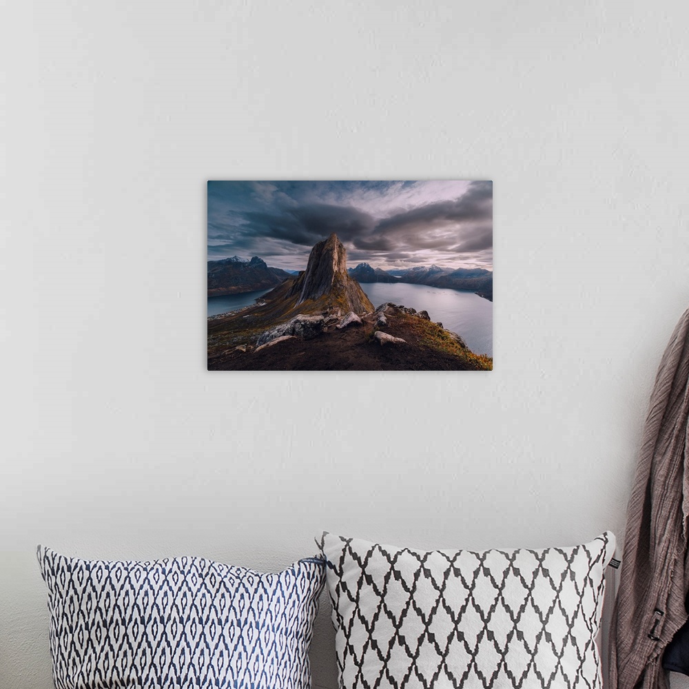 A bohemian room featuring Segla, the most iconic mountain peak in Senja, the second largest island in Norway.