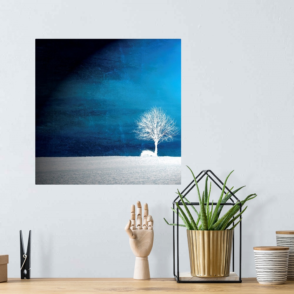 A bohemian room featuring This oversize piece shows a single tree in white sitting in a bare field with a vibrant blue sky ...