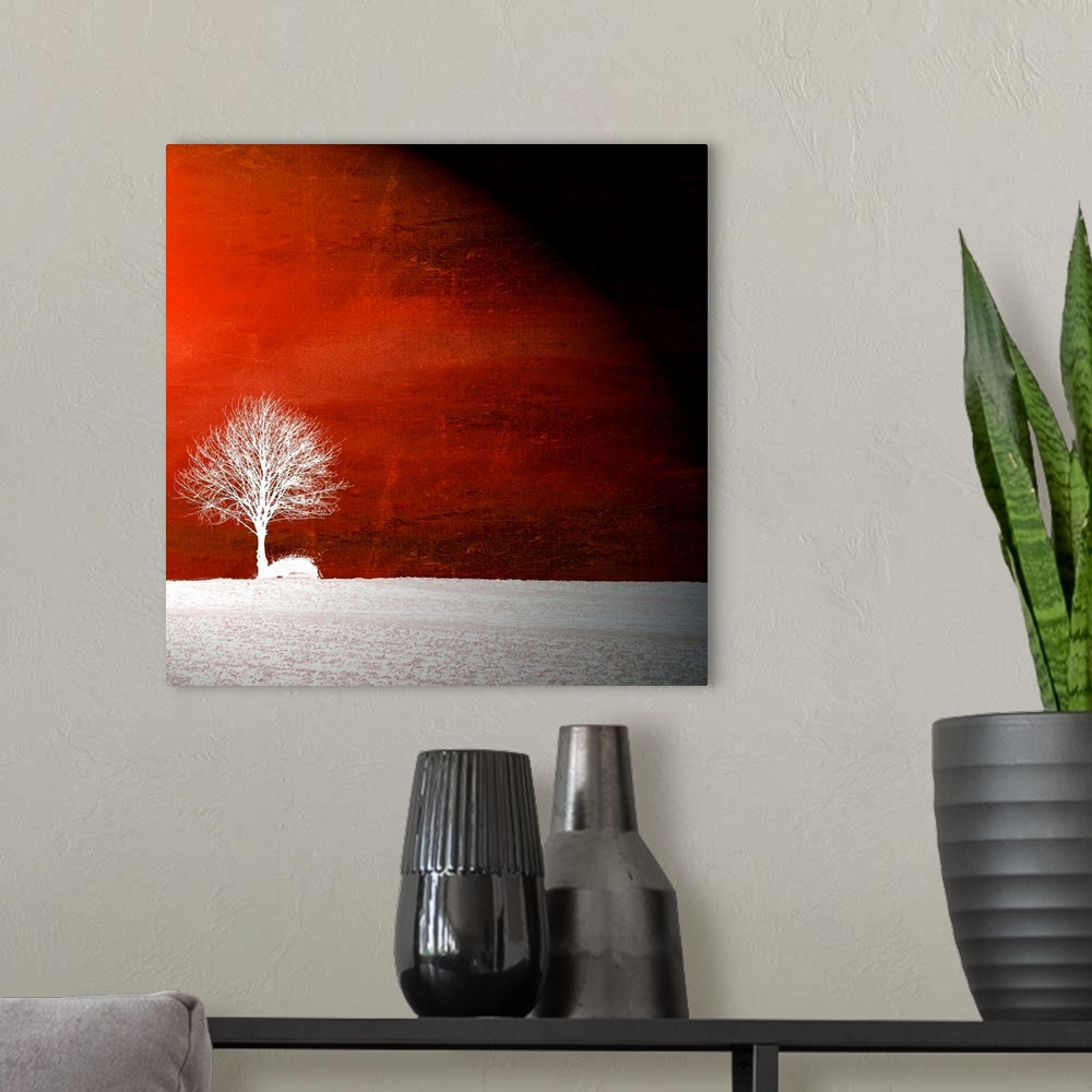 A modern room featuring This square wall art is the silhouette of a tree in a field superimposed on an abstract textured ...