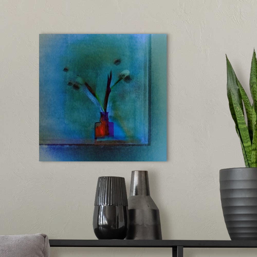 A modern room featuring Square image of a bright red vase with long stemmed tulips on a blue background.