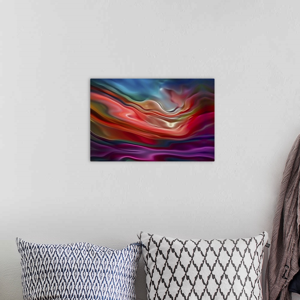 A bohemian room featuring Abstract photograph of blurred and blended colors and flowing lines in shades of red, purple, and...
