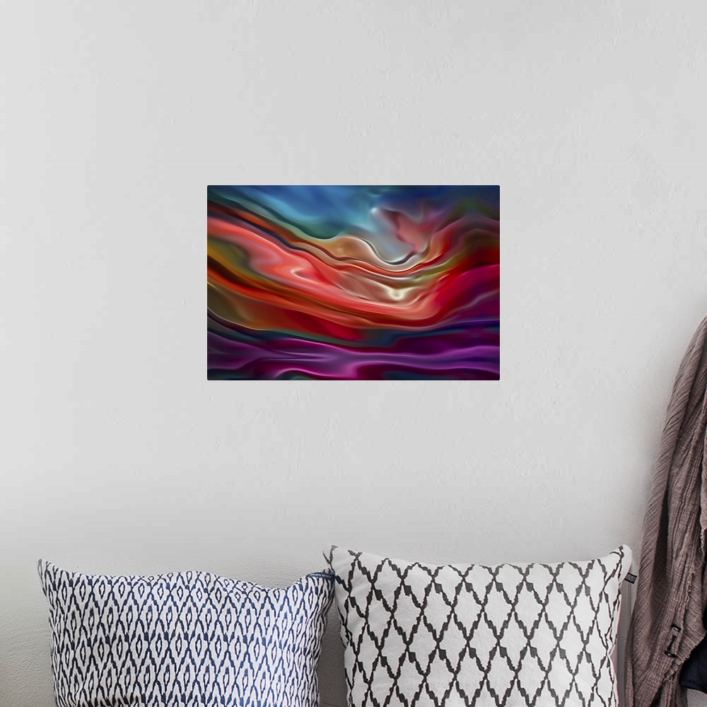 A bohemian room featuring Abstract photograph of blurred and blended colors and flowing lines in shades of red, purple, and...