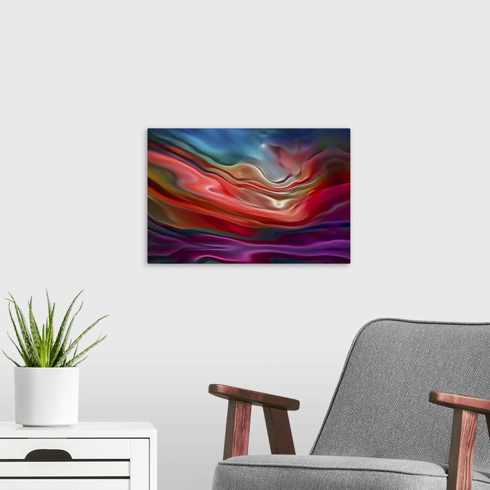 A modern room featuring Abstract photograph of blurred and blended colors and flowing lines in shades of red, purple, and...