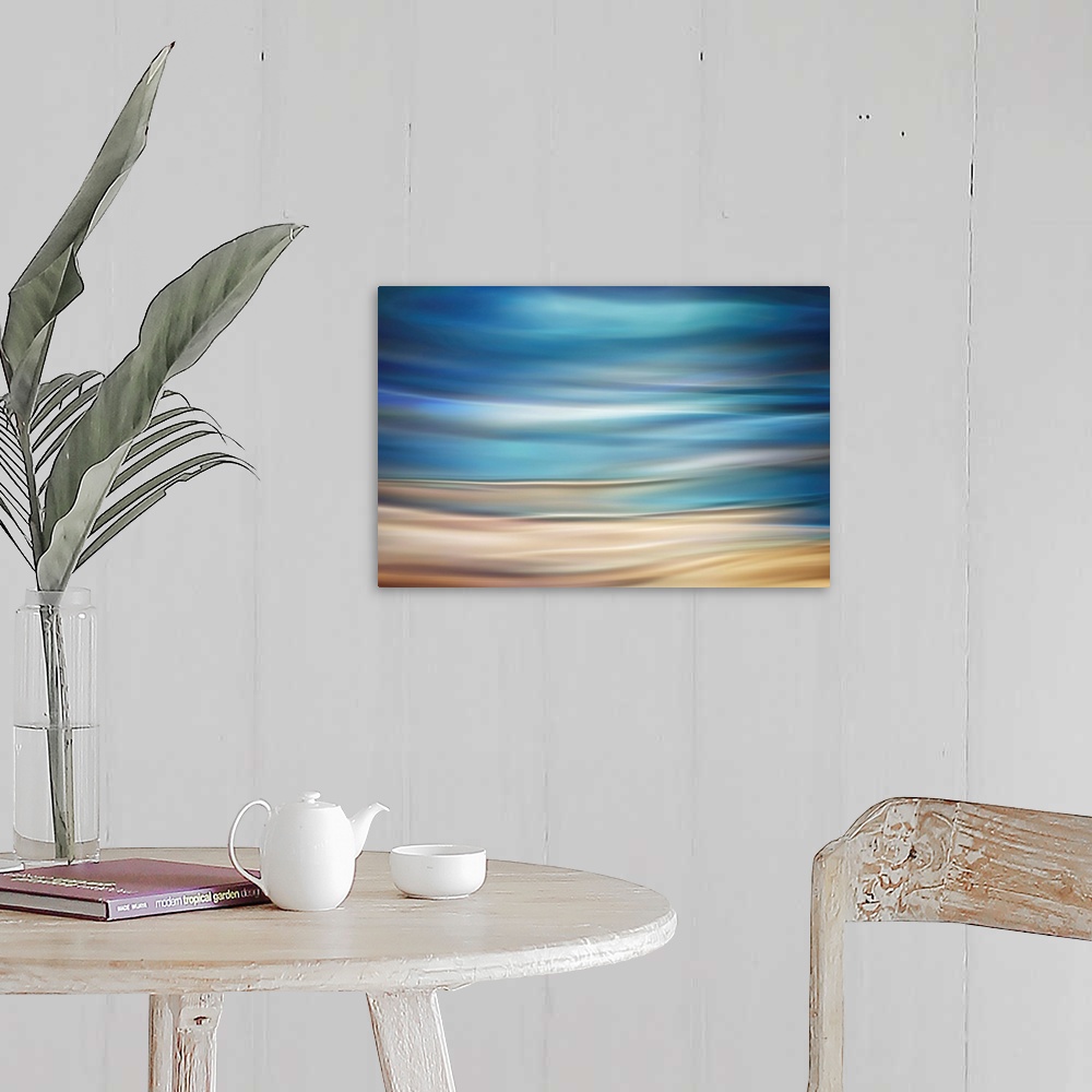 A farmhouse room featuring Fine art photograph of abstract waves resembling a coastal landscape.
