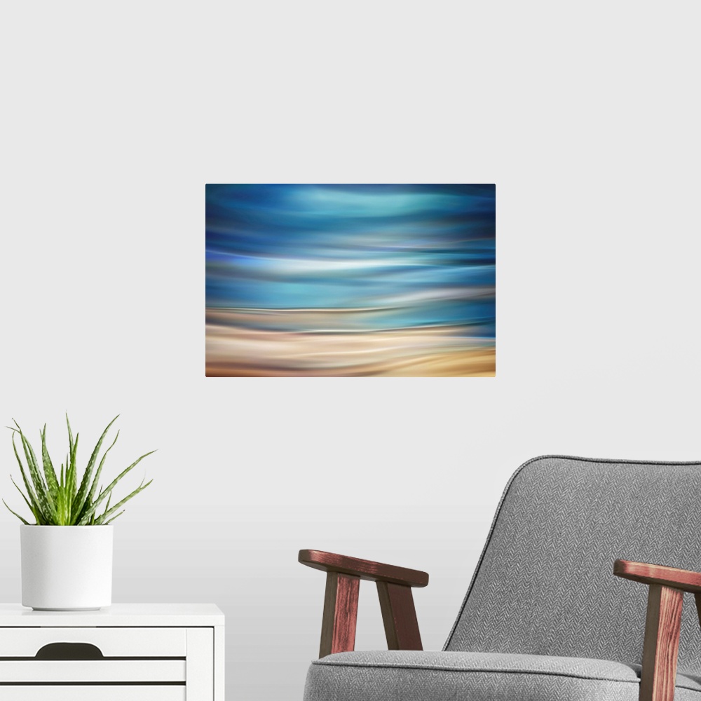 A modern room featuring Fine art photograph of abstract waves resembling a coastal landscape.