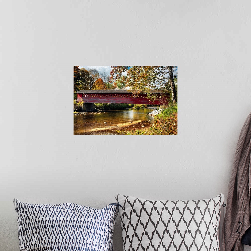 A bohemian room featuring Fine art photo of a historic covered bridge over the Waloomsac River in New England.