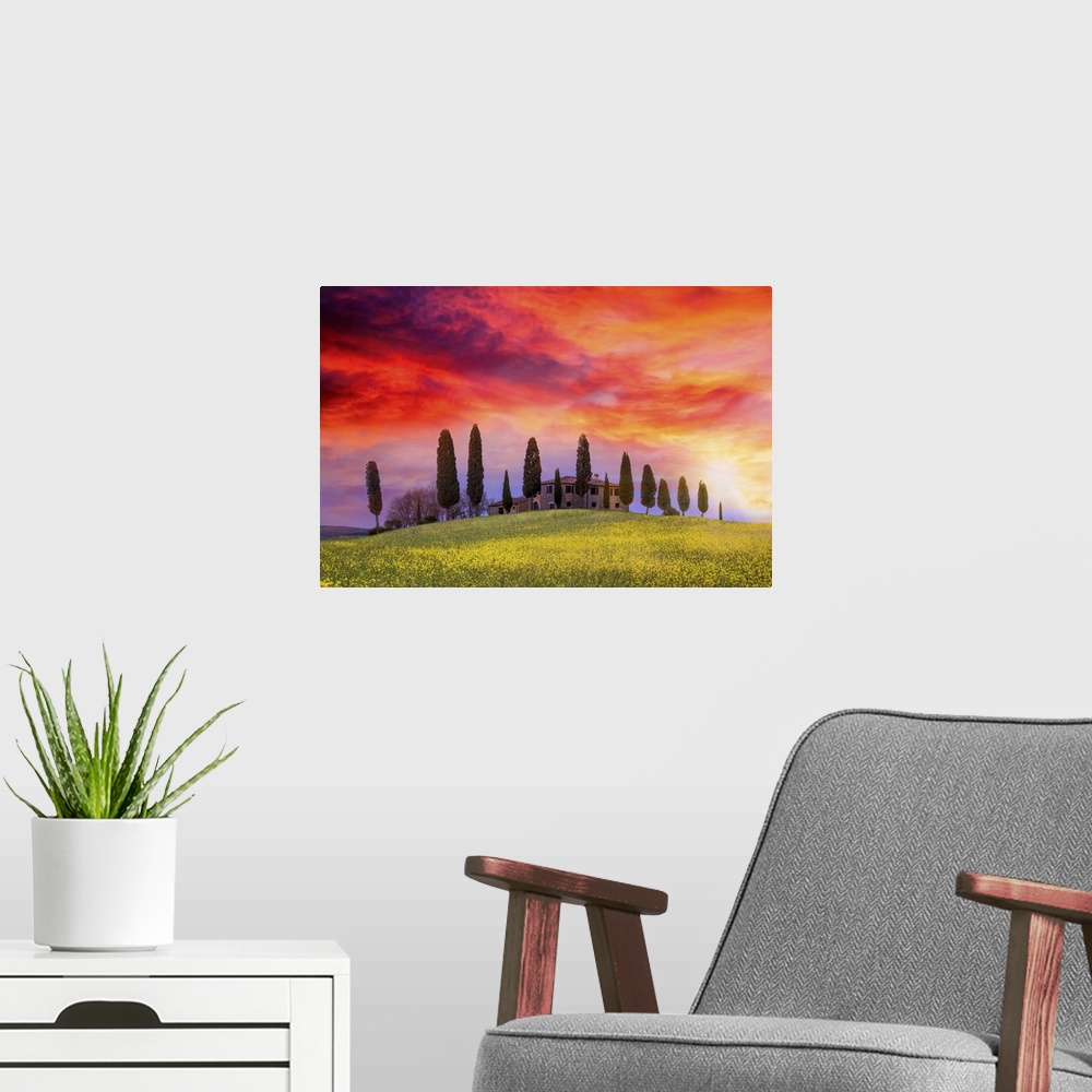 A modern room featuring This photo was taken during an amazing sunset near Pienza. It is a very popular Tuscan farm but w...