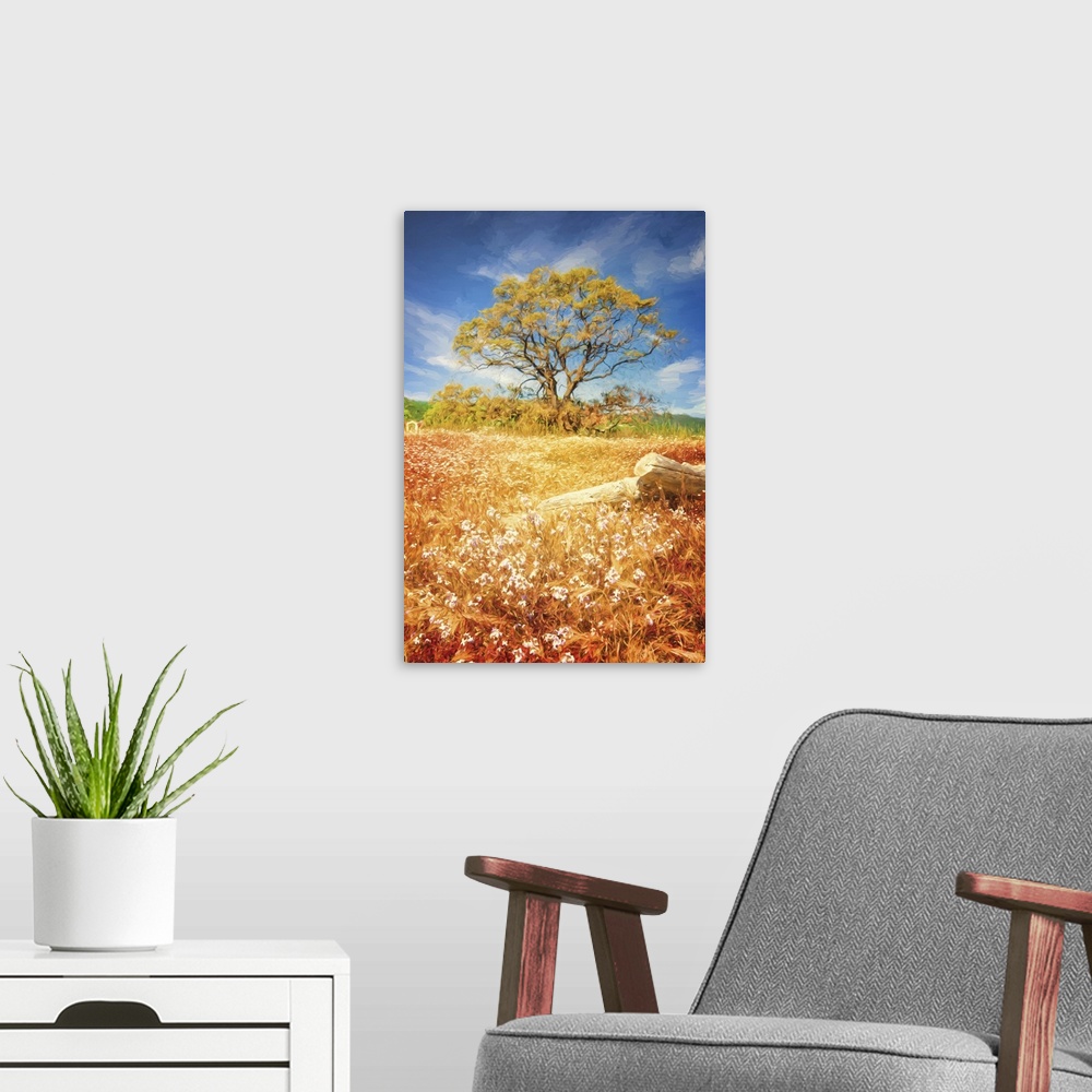A modern room featuring Photo painting of a beautiful Fall day with long orange and yellow grass with flowers and a tree ...