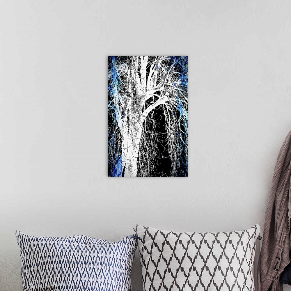 A bohemian room featuring Tree silhouette with blue highlights.