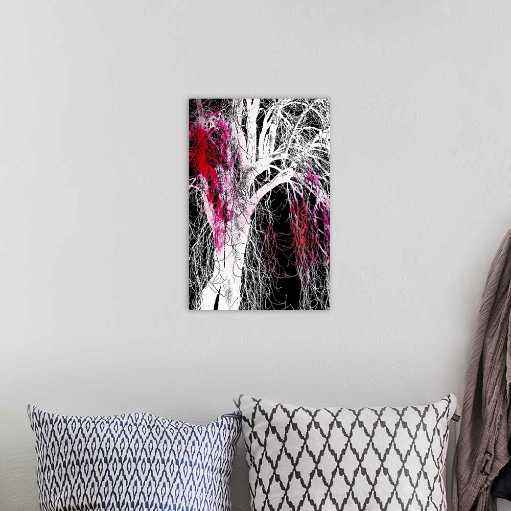 A bohemian room featuring Tree silhouette with red highlights.