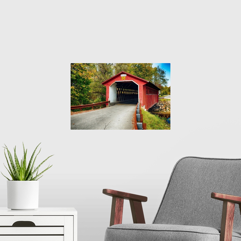 A modern room featuring Silk Covered Bridge, Bennington, Vermont.