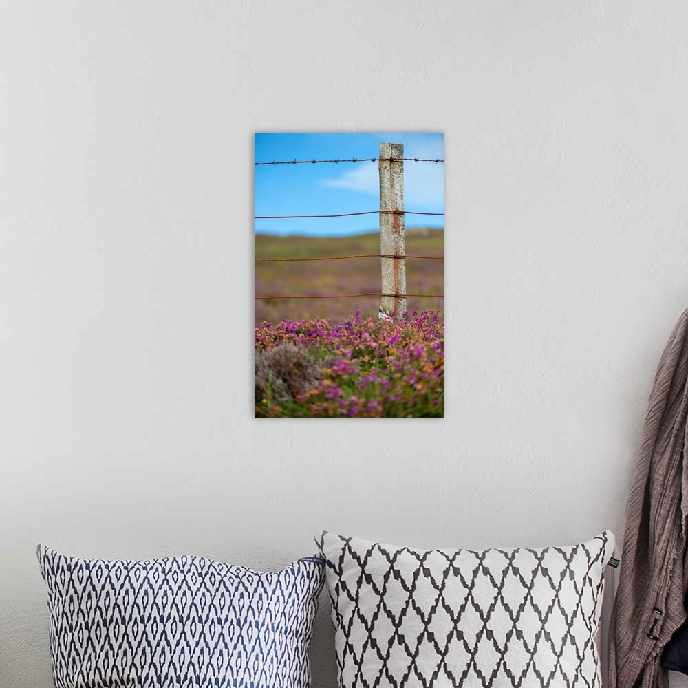 A bohemian room featuring Fine art photo of a wooden post with wire in a field of purple flowers.