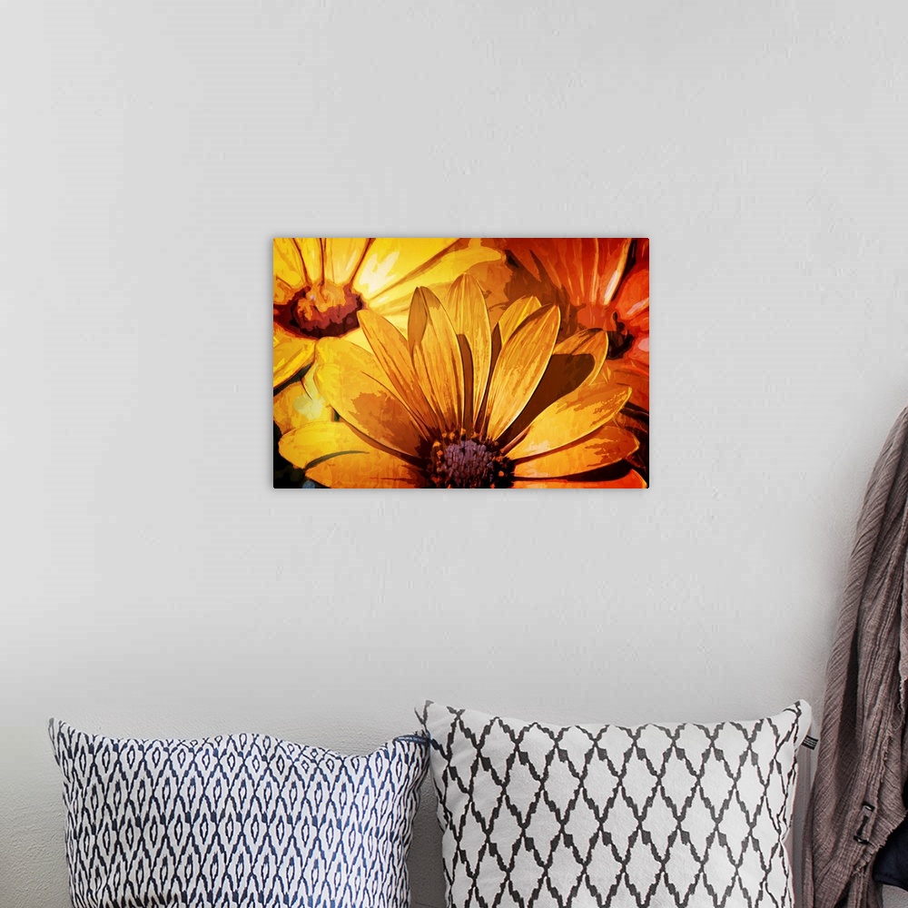 A bohemian room featuring Artistic photograph of a close-up of yellow flowers.