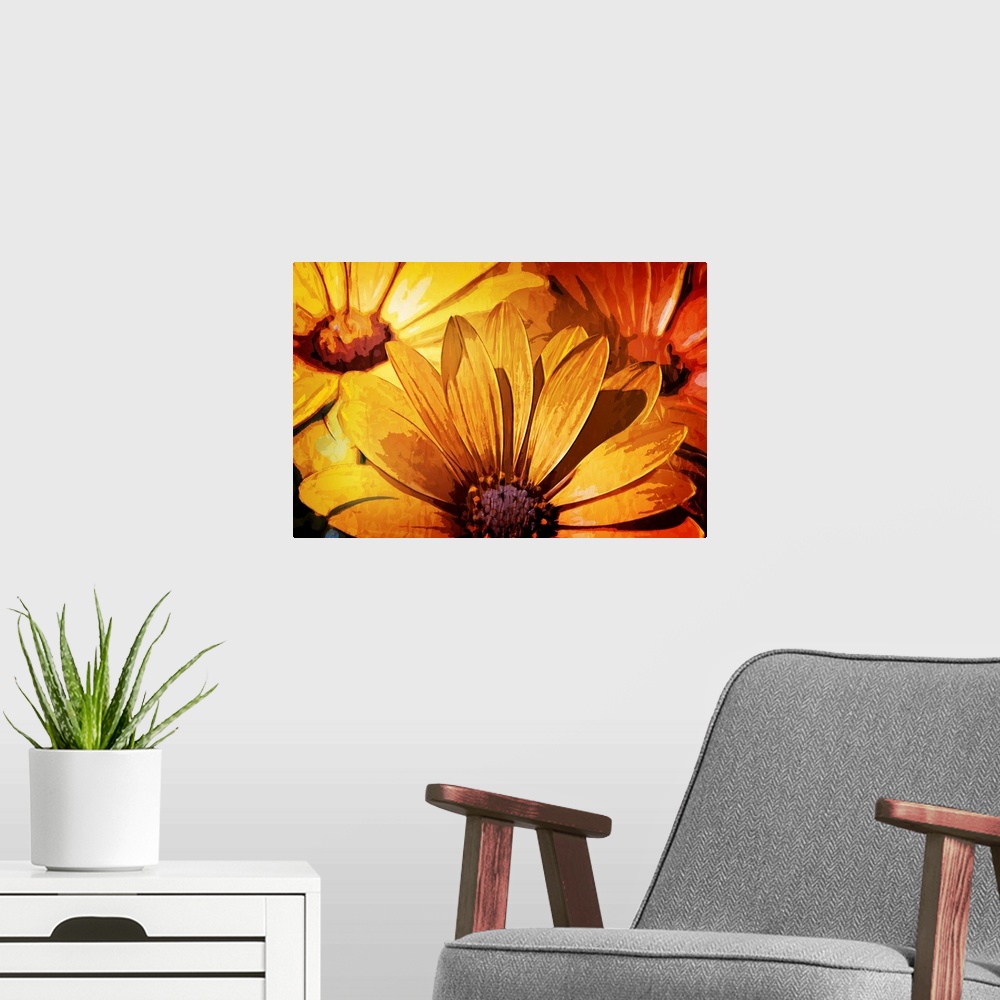 A modern room featuring Artistic photograph of a close-up of yellow flowers.