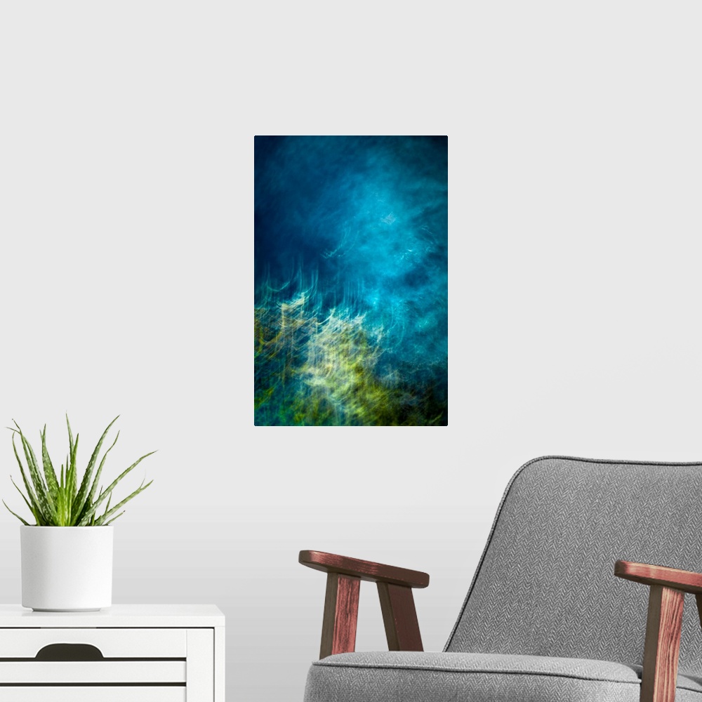 A modern room featuring Vivid teal and green water abstract of rays of light shooting through blue water onto green moss.