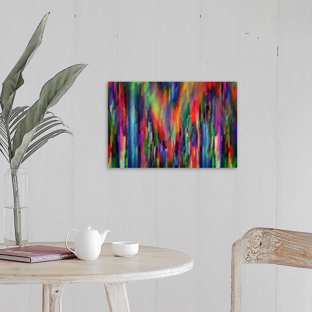 A farmhouse room featuring Technicolor neon lights from a city scene warped into abstract shapes to create a mosaic-like image.
