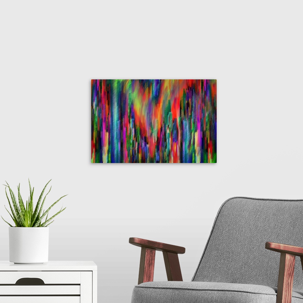 A modern room featuring Technicolor neon lights from a city scene warped into abstract shapes to create a mosaic-like image.