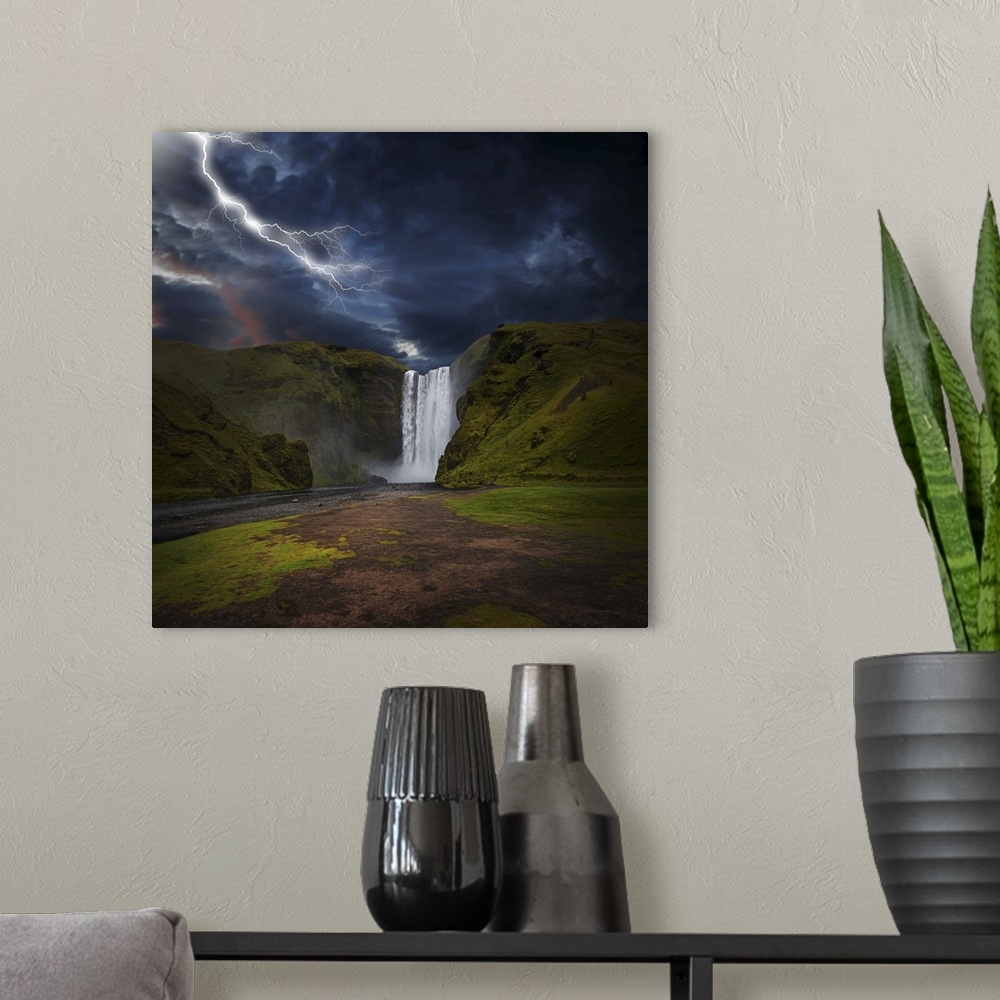 A modern room featuring A photograph of lightning striking over a landscape with a waterfall in the distance.