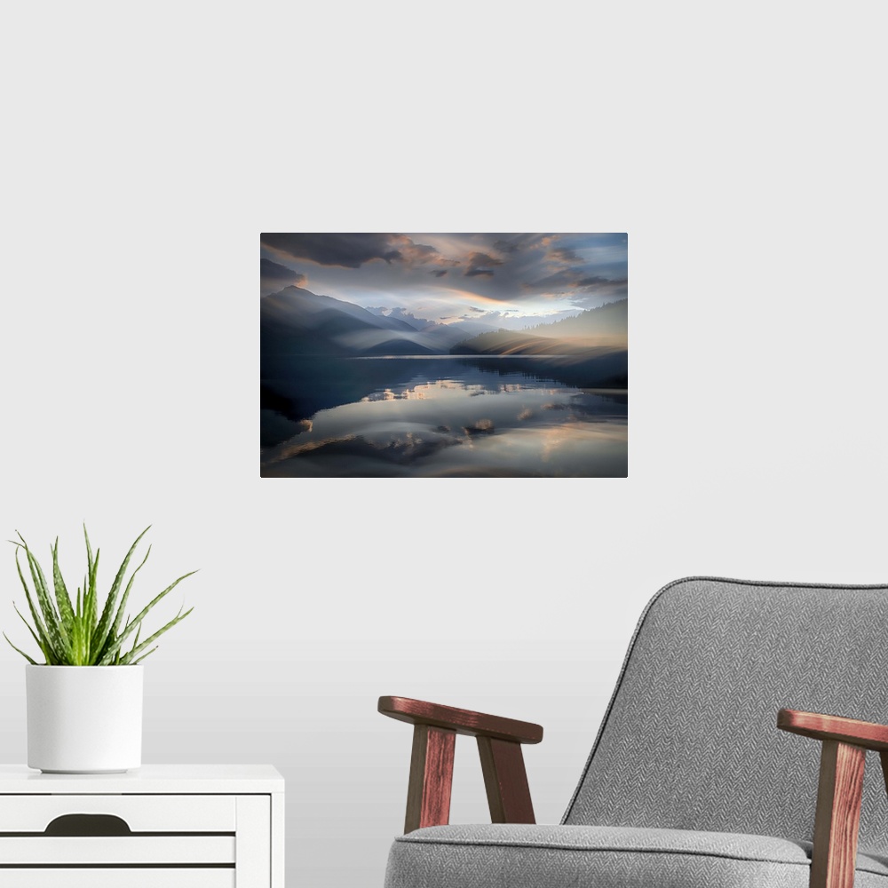 A modern room featuring Part of  the The Many Moods of Slocan Lake Series.
