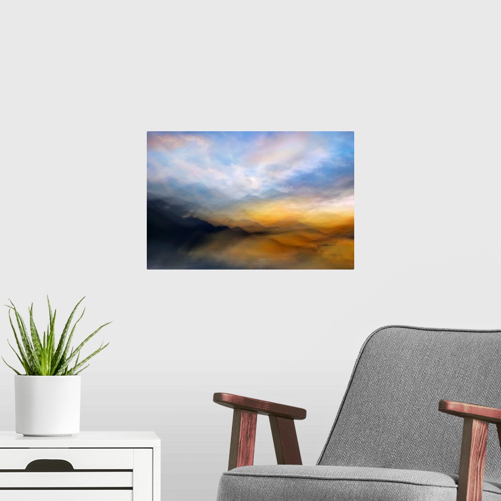 A modern room featuring Artistic abstract photograph of a serene lake and mountain scene.