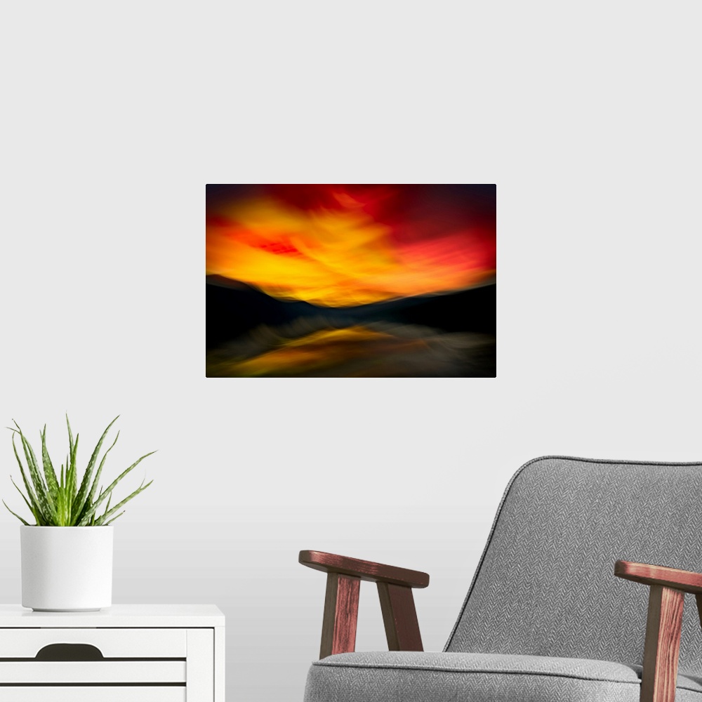 A modern room featuring Artistic abstract photograph of a serene lake and mountain scene.