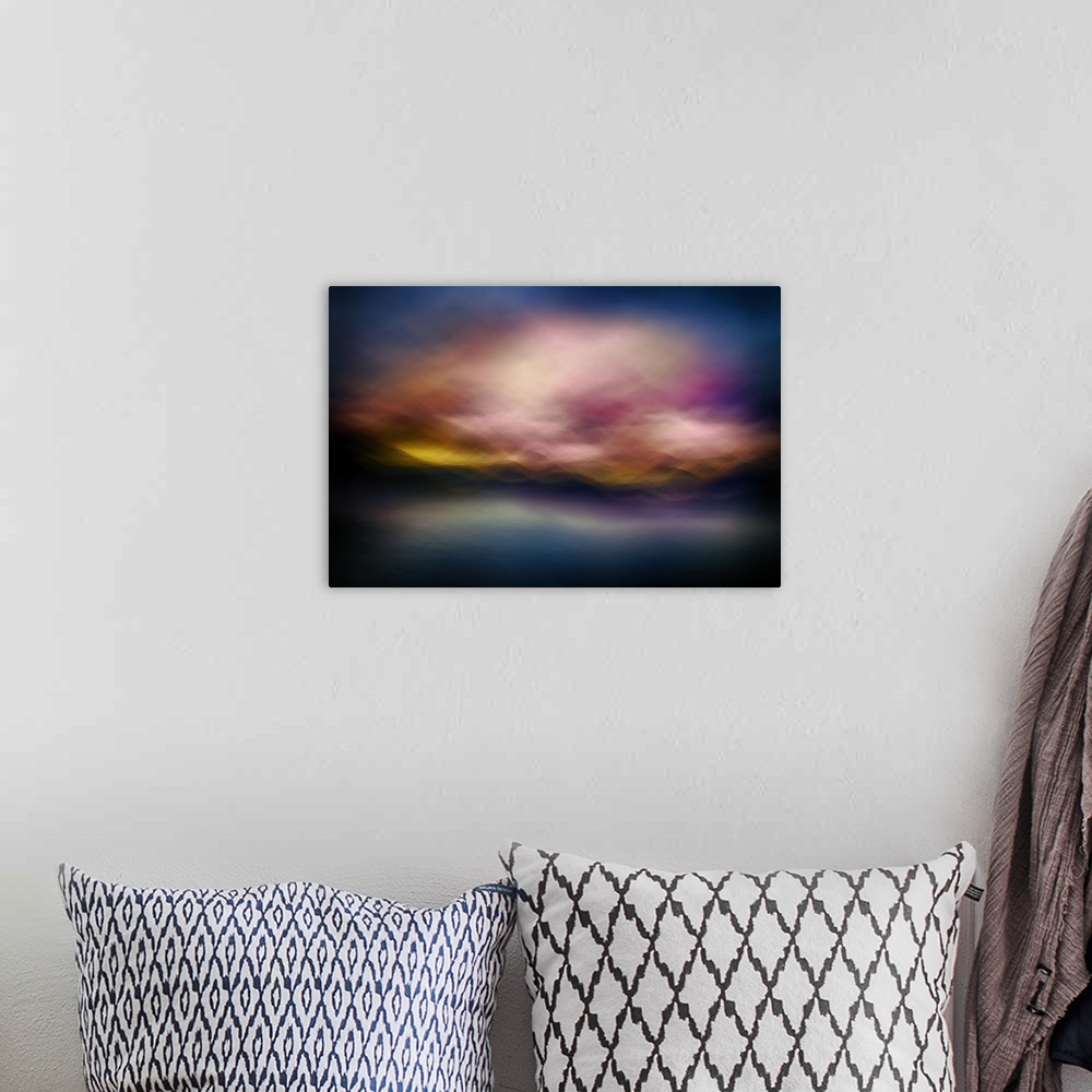A bohemian room featuring Abstract photograph of blurred and blended colors and flowing lines representing Slocan Lake in B...
