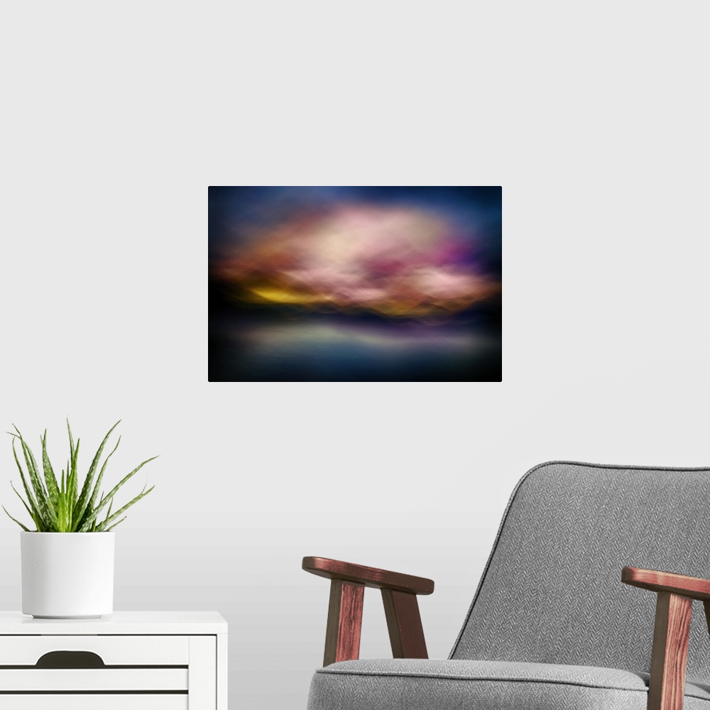 A modern room featuring Abstract photograph of blurred and blended colors and flowing lines representing Slocan Lake in B...