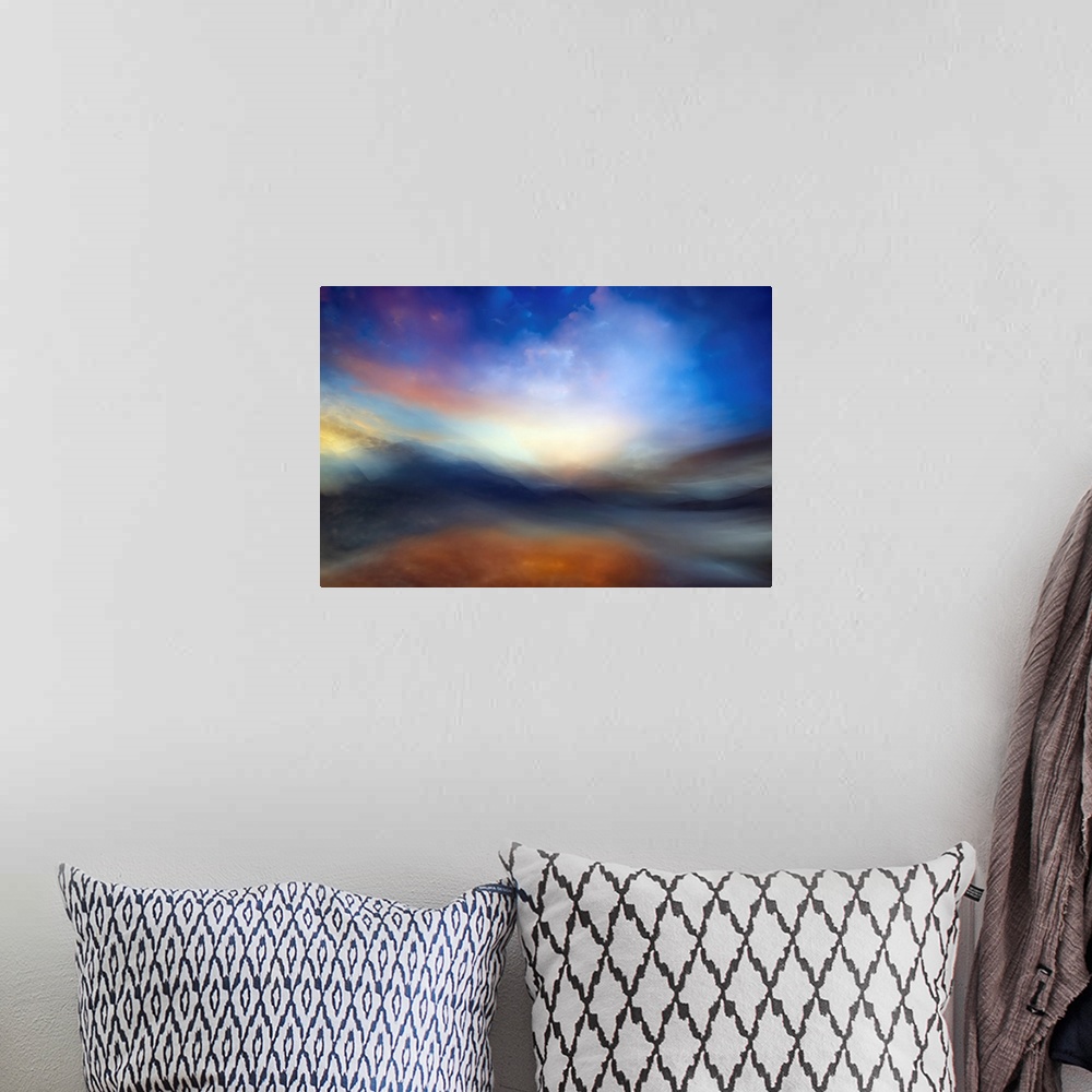 A bohemian room featuring Fine art abstract photograph of the mountains and sky around Slocan Lake in British Columbia, Can...