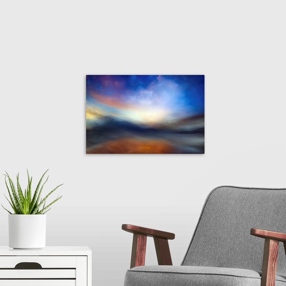 A modern room featuring Fine art abstract photograph of the mountains and sky around Slocan Lake in British Columbia, Can...
