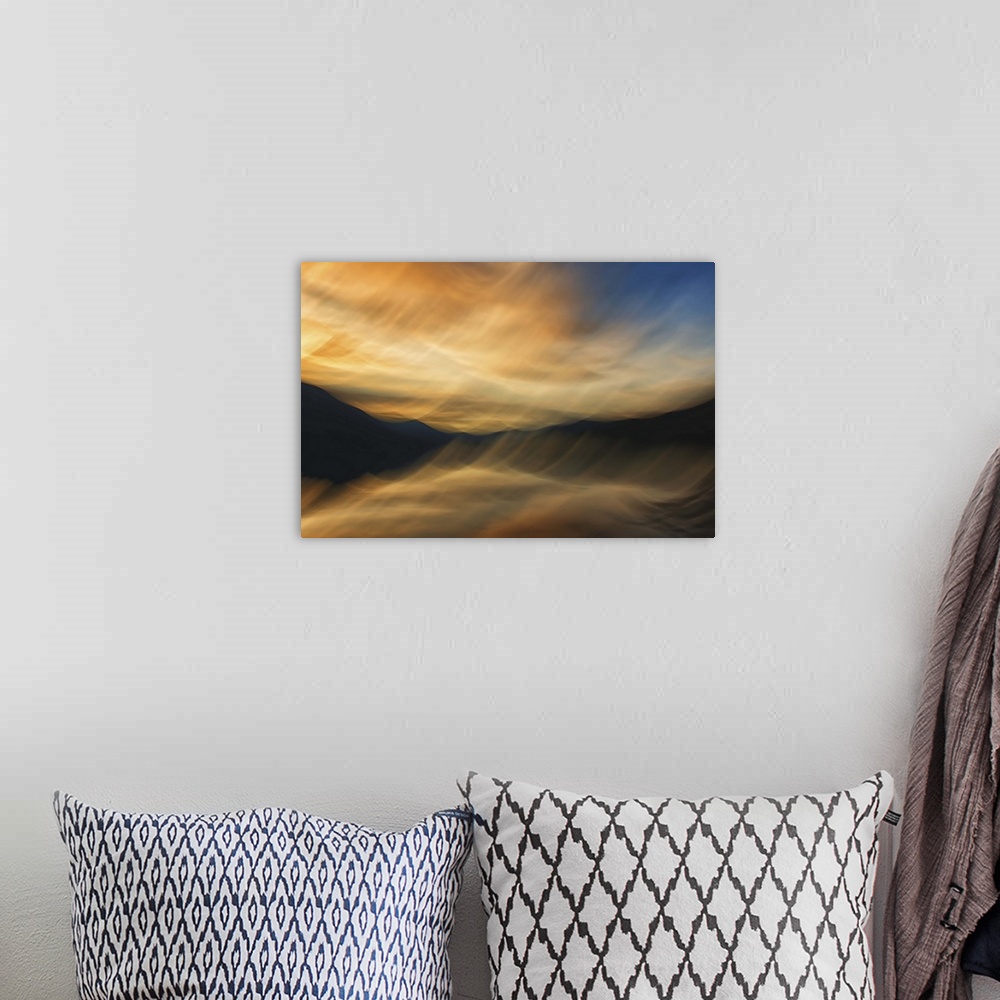 A bohemian room featuring Abstract photograph of blurred and blended colors and flowing lines representing Slocan Lake in B...