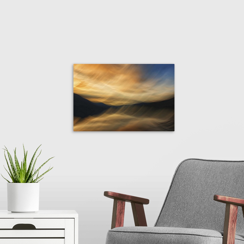 A modern room featuring Abstract photograph of blurred and blended colors and flowing lines representing Slocan Lake in B...