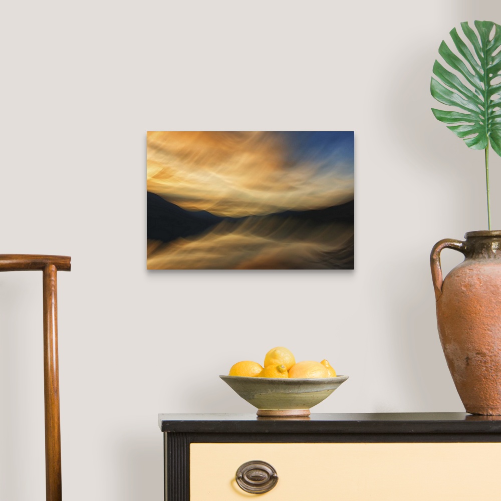 A traditional room featuring Abstract photograph of blurred and blended colors and flowing lines representing Slocan Lake in B...