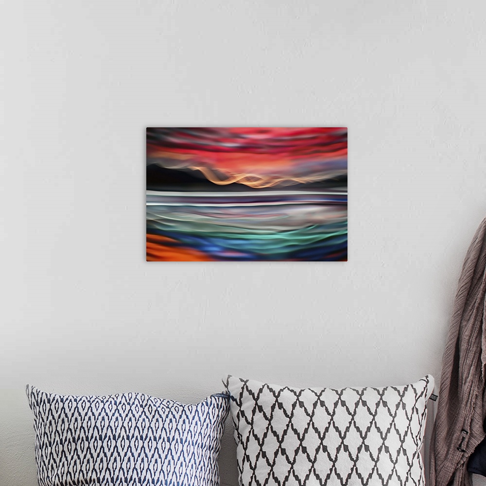 A bohemian room featuring Colorful abstract photograph with wavy lines.