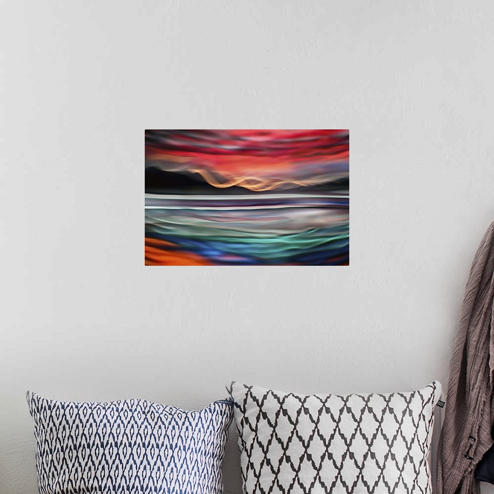 A bohemian room featuring Colorful abstract photograph with wavy lines.