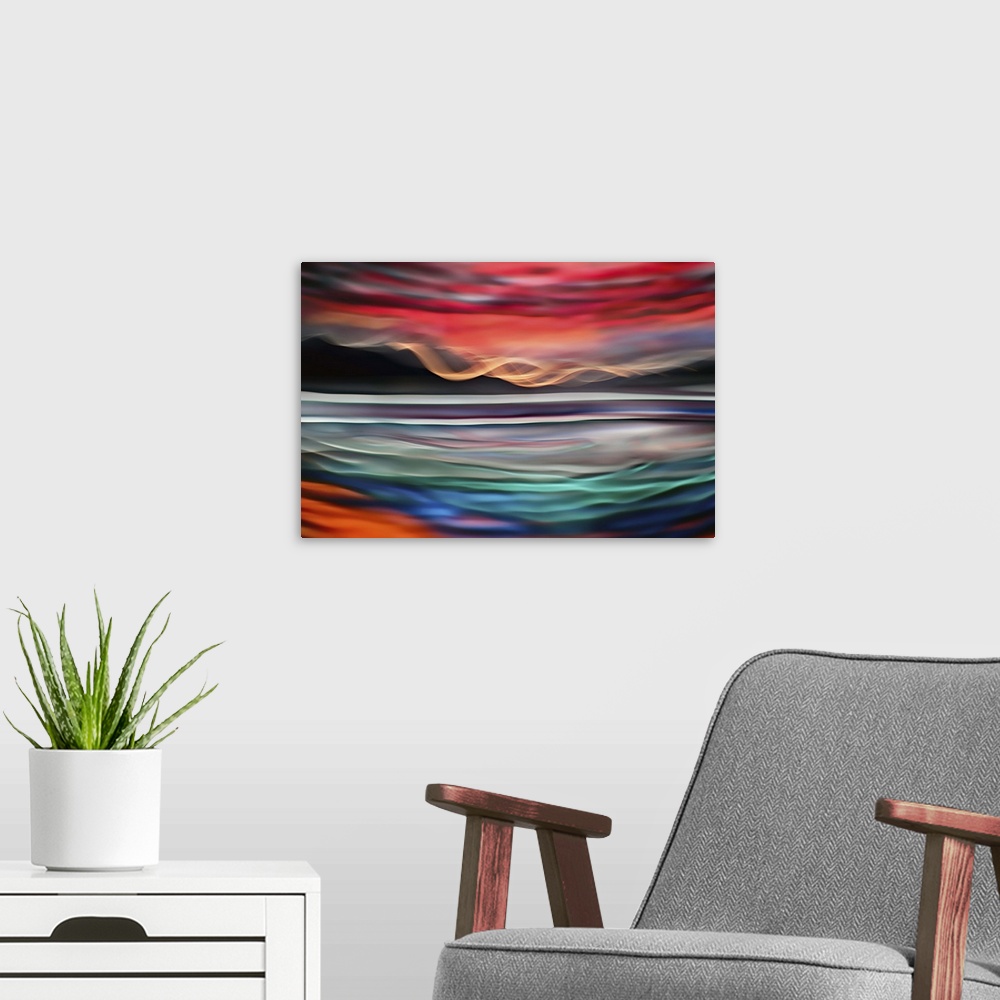 A modern room featuring Colorful abstract photograph with wavy lines.
